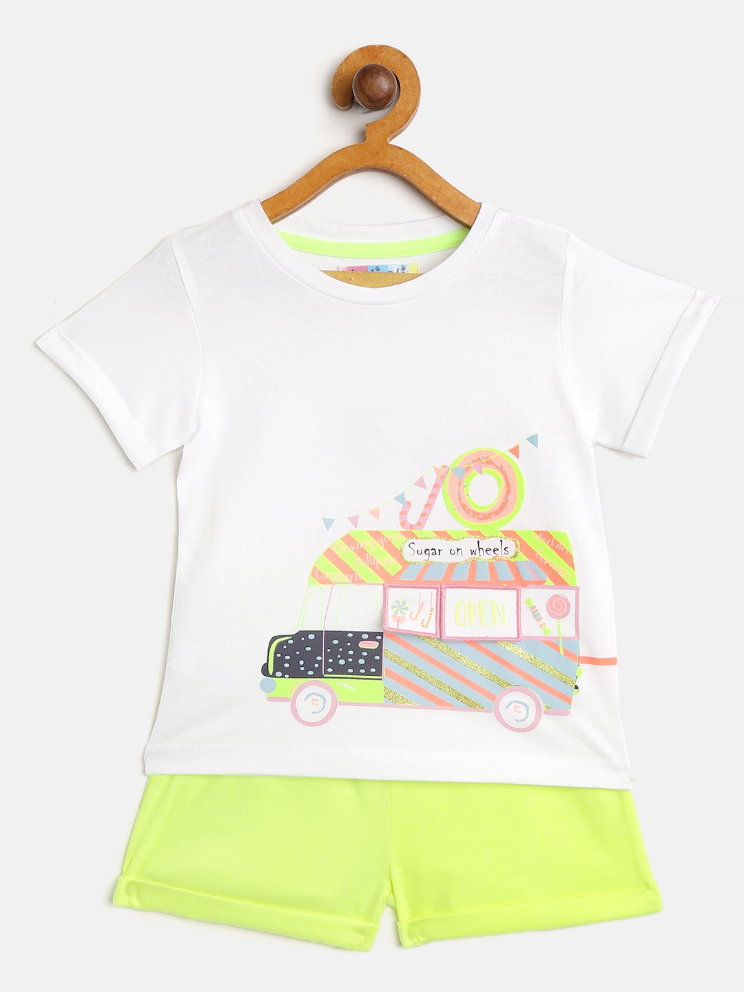 

Nauti Nati Girls White & Fluorescent Green Printed T-shirt with Shorts