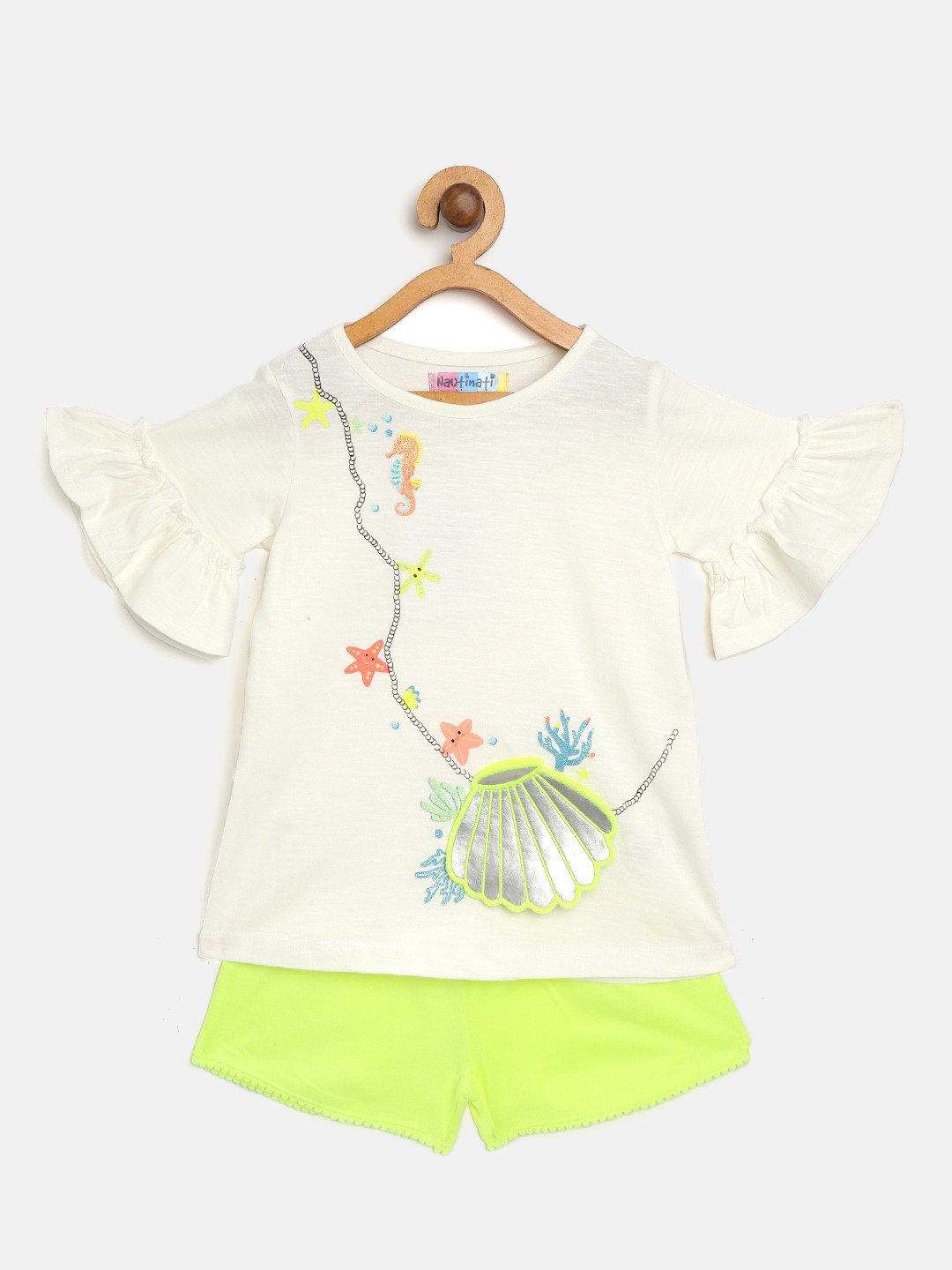 

Nauti Nati Girls White & Fluorescent Green Printed T-shirt with Shorts