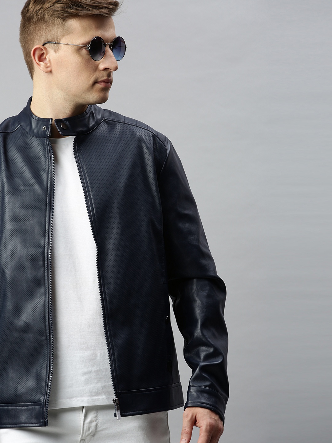 

WROGN Men Navy Blue Self Design Biker Jacket