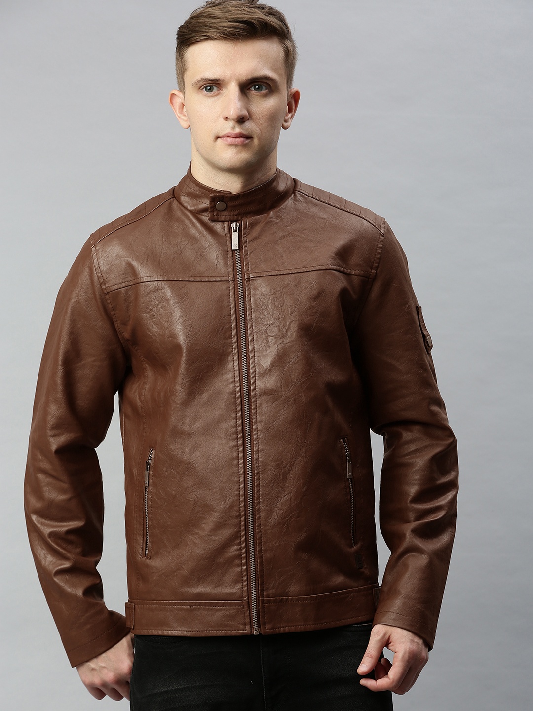 

WROGN Men Brown Solid Biker Jacket