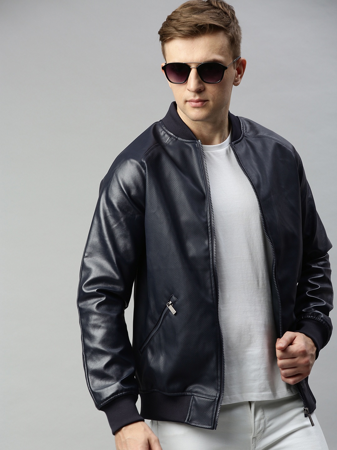 

WROGN Men Navy Blue Solid Biker Jacket