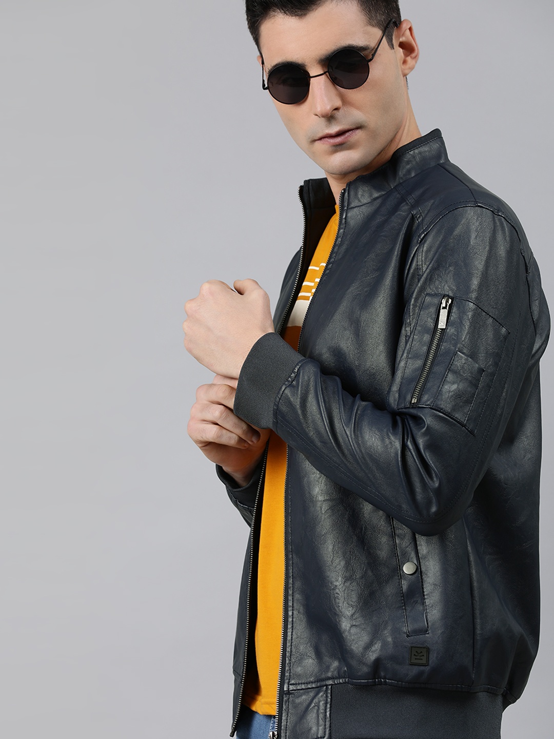 

WROGN Men Navy Blue Solid Biker Jacket