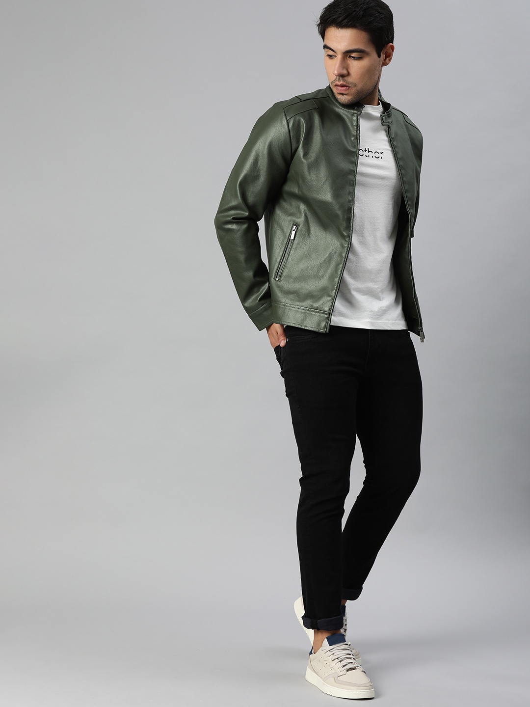 

WROGN Men Olive Green Solid Leather Jacket