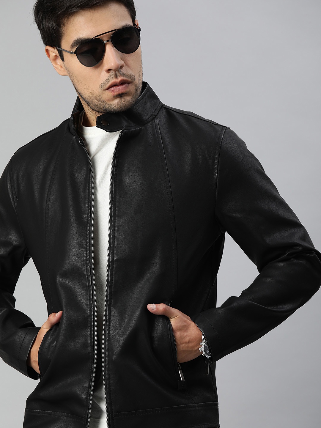 

WROGN Men Black Solid Leather Jacket