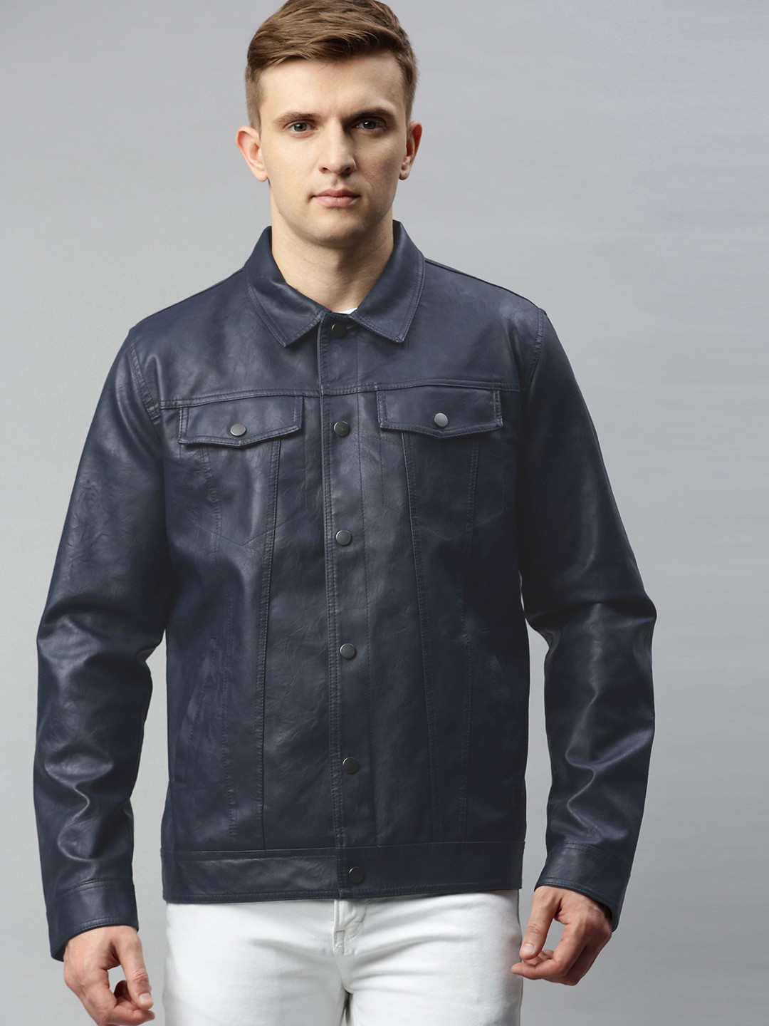 

WROGN Men Navy Blue Solid Biker Jacket