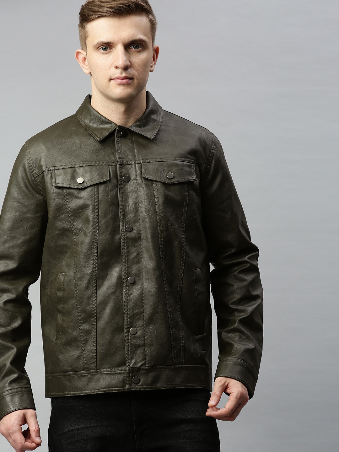 

WROGN Men Olive Green Solid Biker Jacket