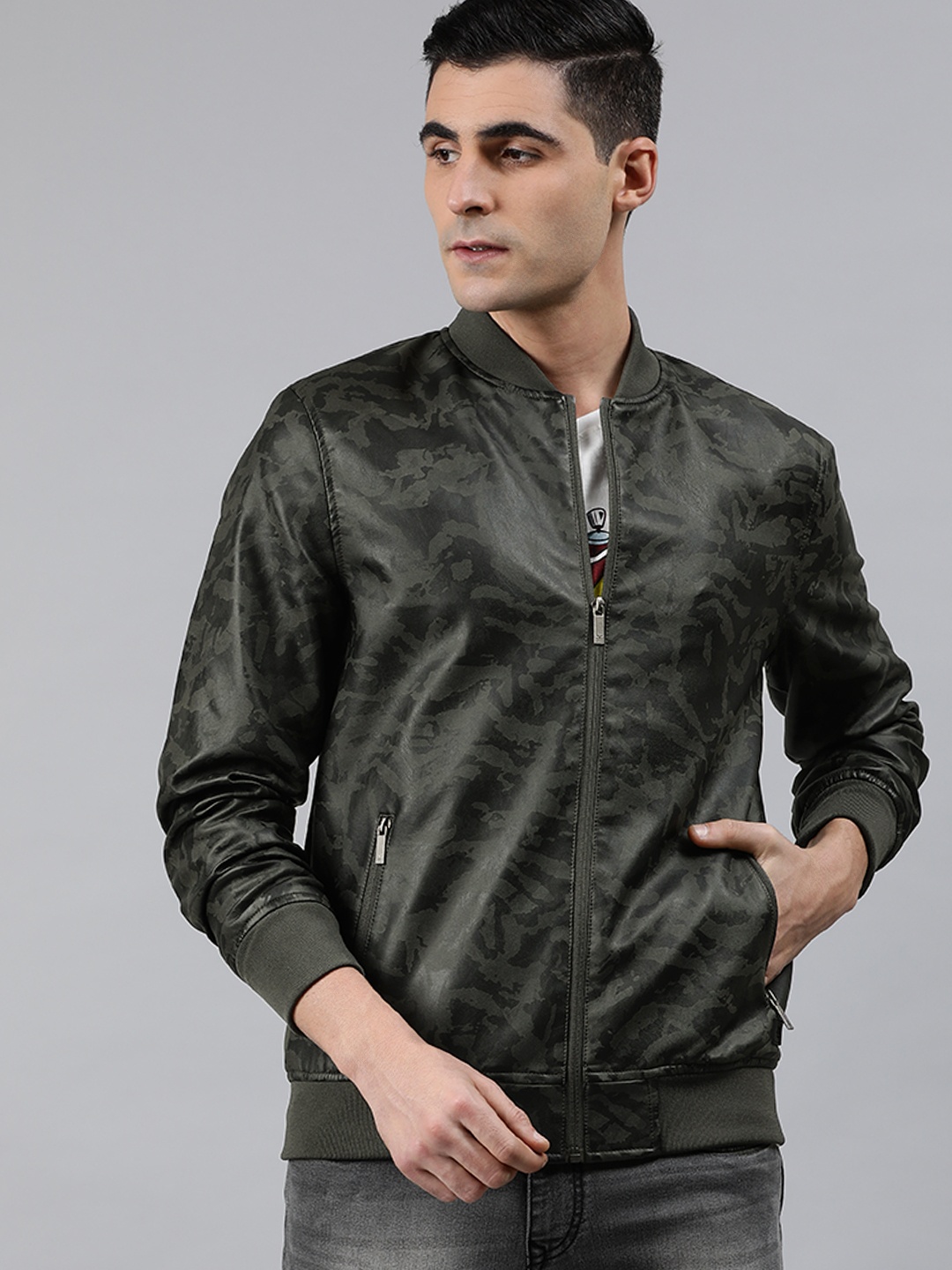 

WROGN Men Olive Green Printed Bomber