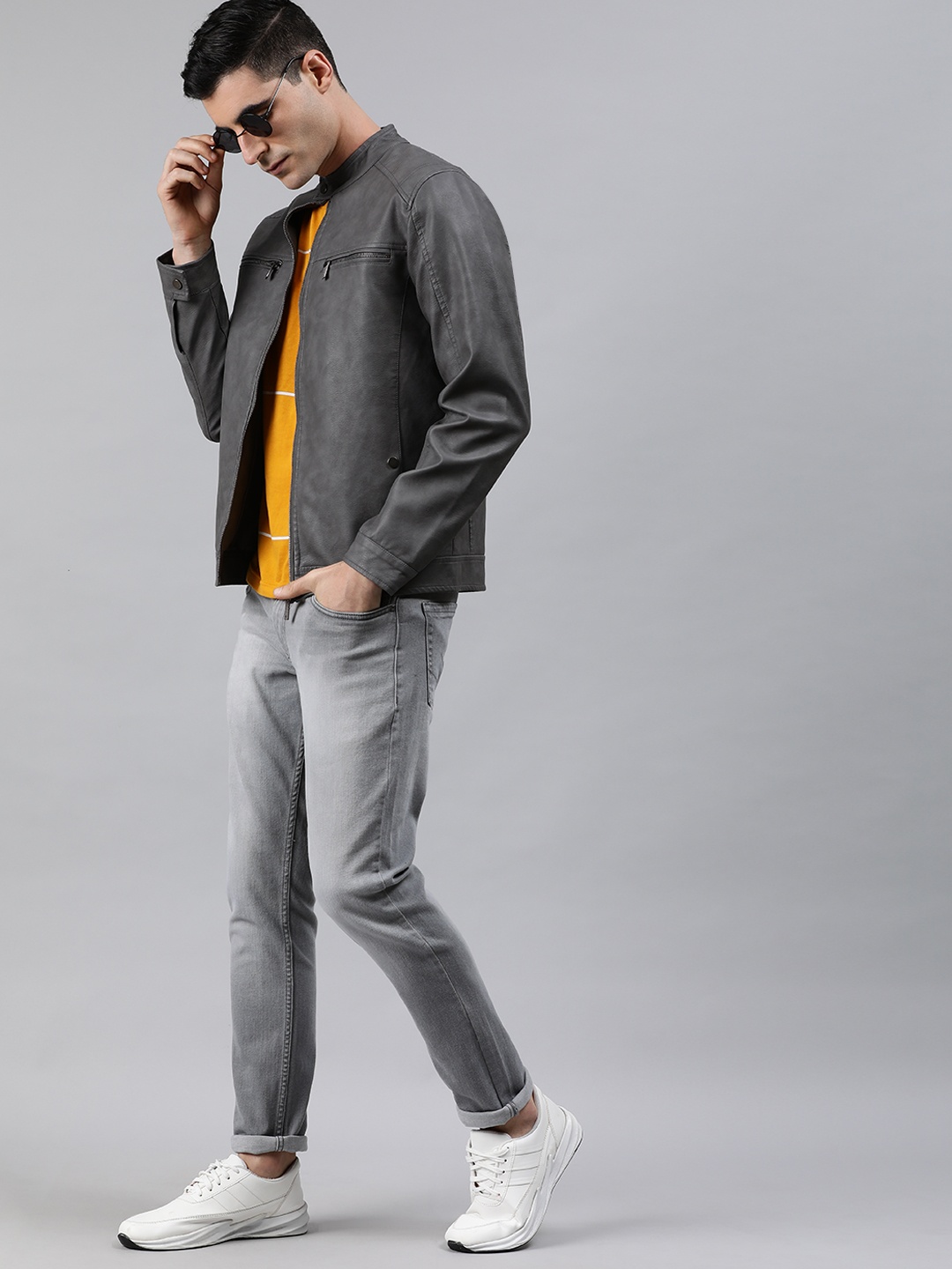 

WROGN Men Grey Solid Biker Jacket