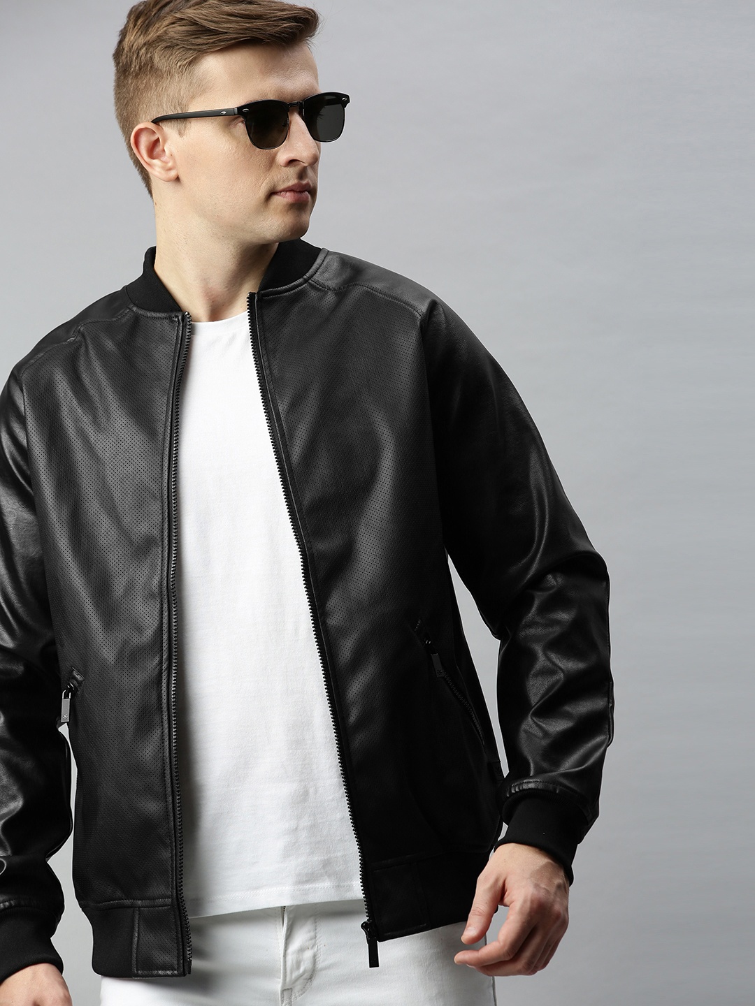 

WROGN Men Black Perforated Bomber Jacket