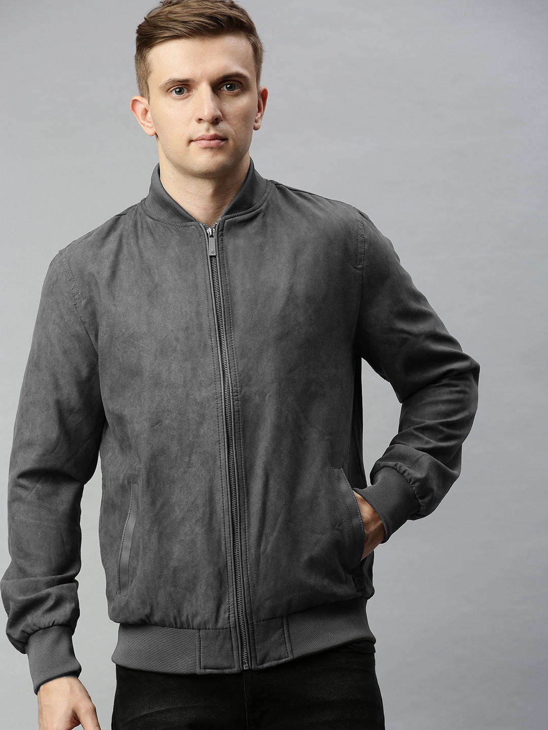 

WROGN Men Grey Solid Bomber Jacket