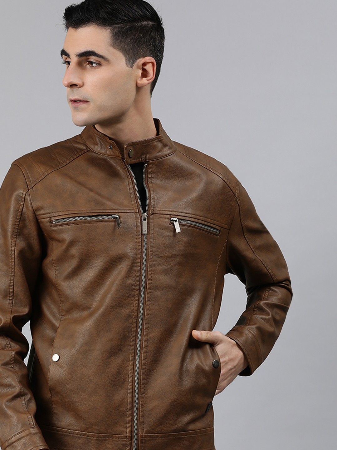 

WROGN Men Brown Solid Biker Jacket