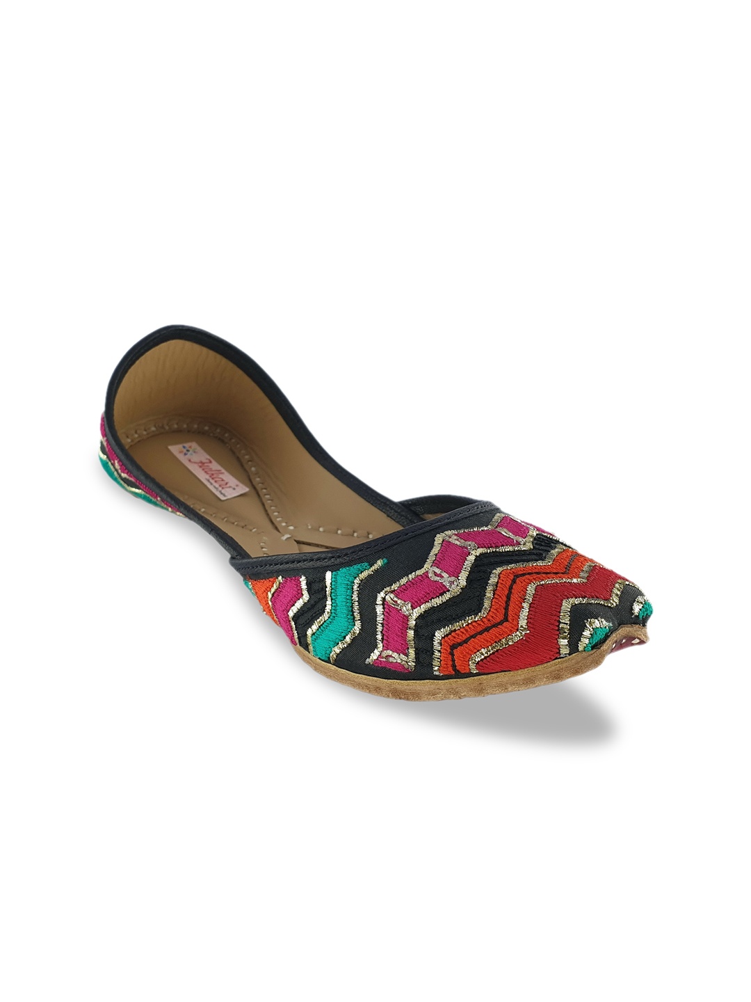 

Fulkari Women Black Striped Leather Mojaris