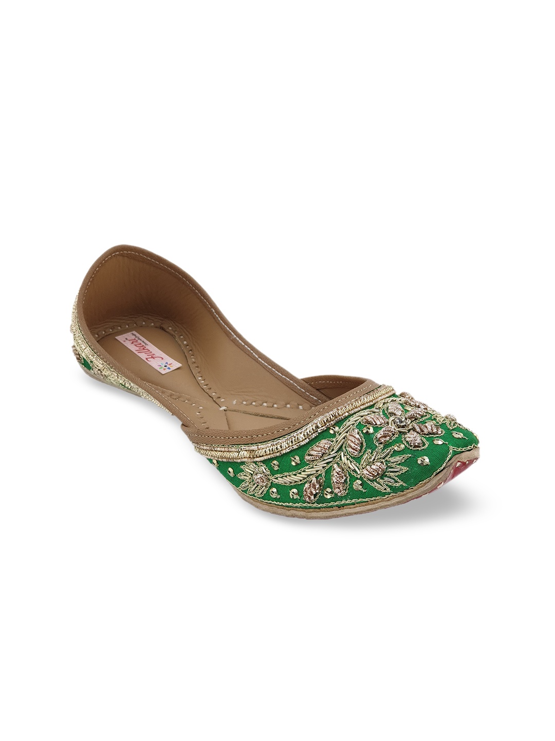 

Fulkari Women Green & Gold-Toned Embellished Leather Mojaris