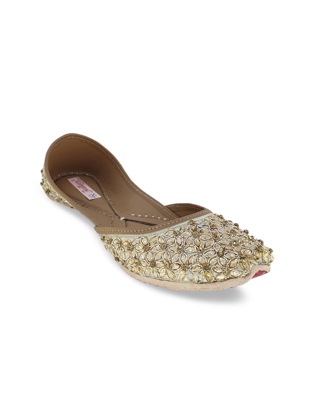 

Fulkari Women Beige Embellished Leather Mojaris