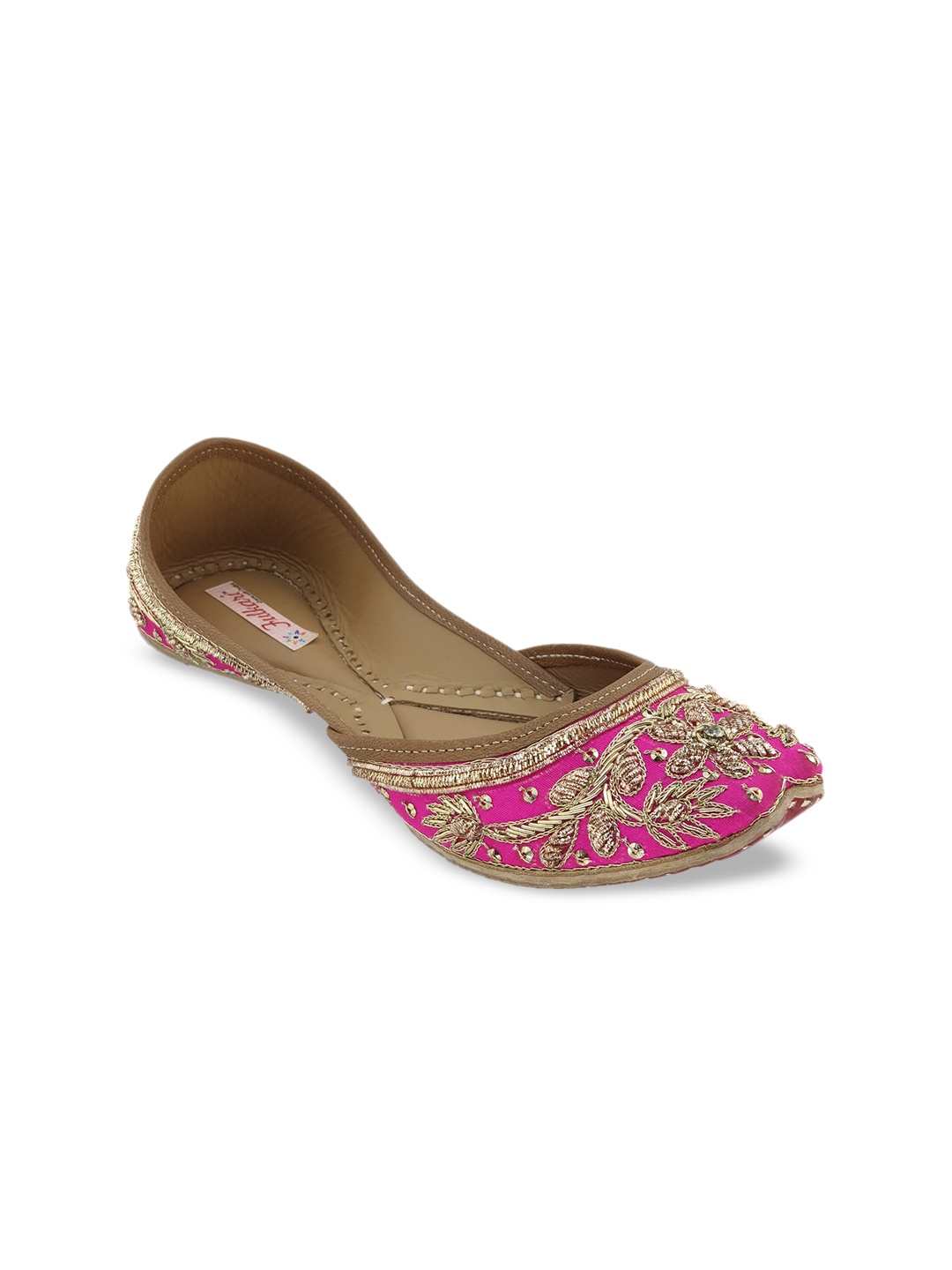 

Fulkari Women Pink & Gold-Toned Embellished Leather Mojaris