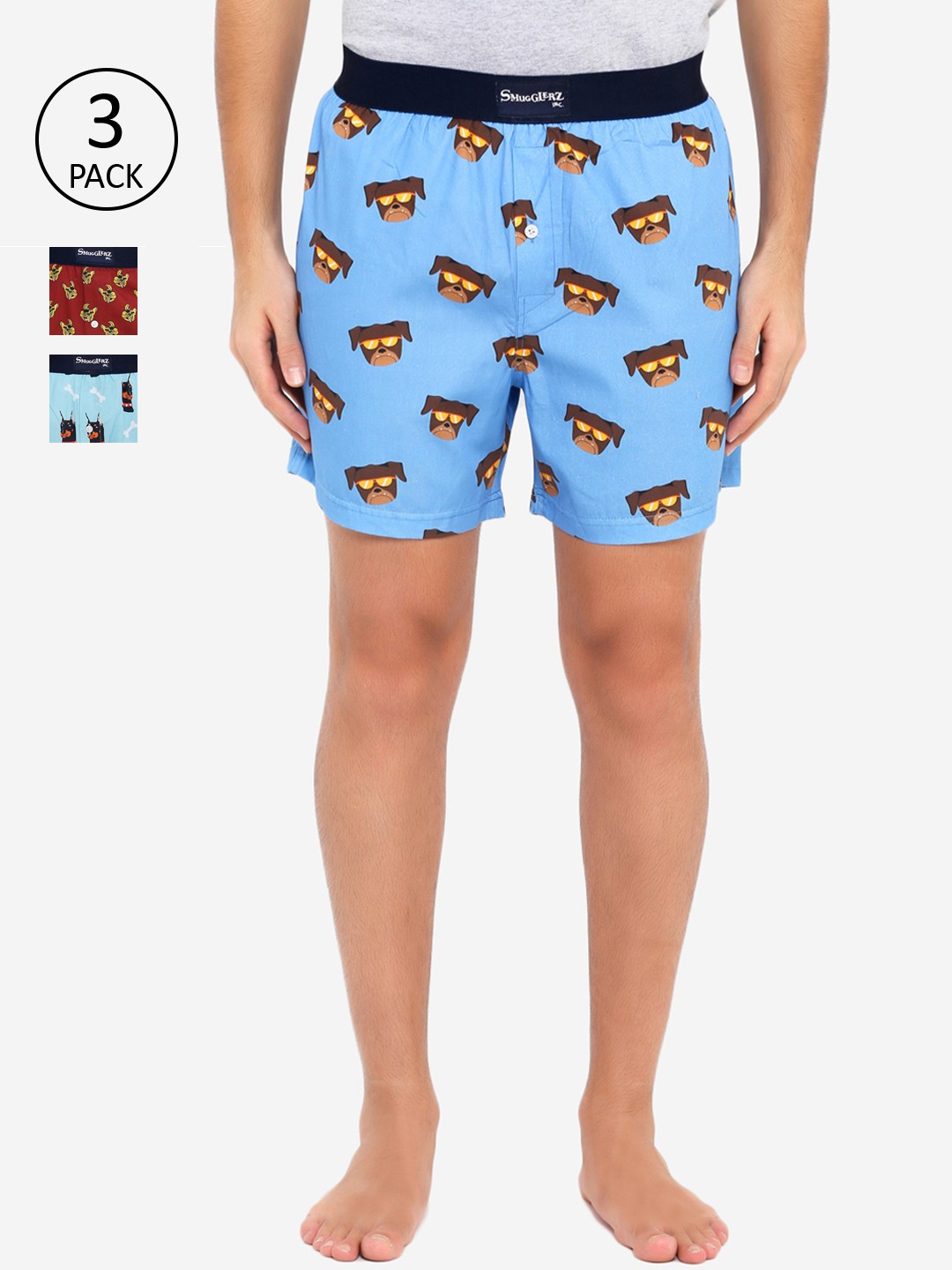 

Smugglerz Men Pack Of 3 Bulldog Doberman Pug Printed Pure Cotton Boxers Dog BX Pack-S, Blue