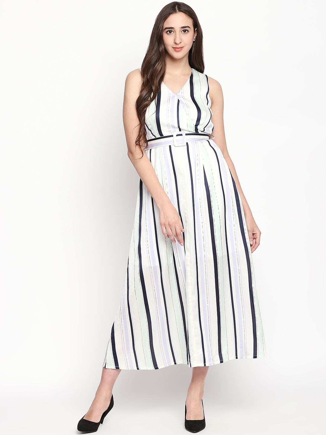 

Forever Glam by Pantaloons Women White & Lavender Striped Fit and Flare Dress
