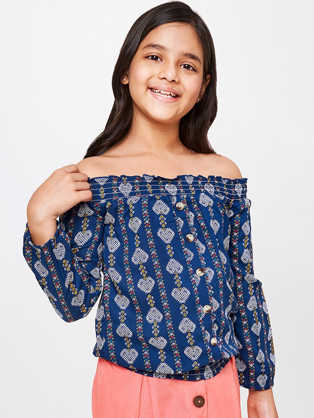 

Global Desi Girls Navy Blue Printed Bardot Top