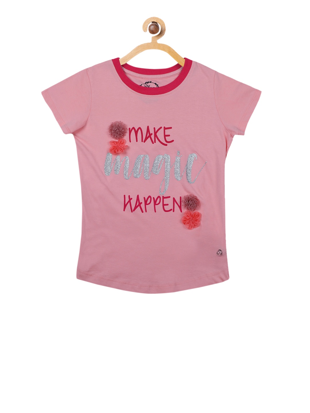 

Blue Giraffe Boys Pink Printed Round Neck Pure Cotton T-shirt With Applique Detail