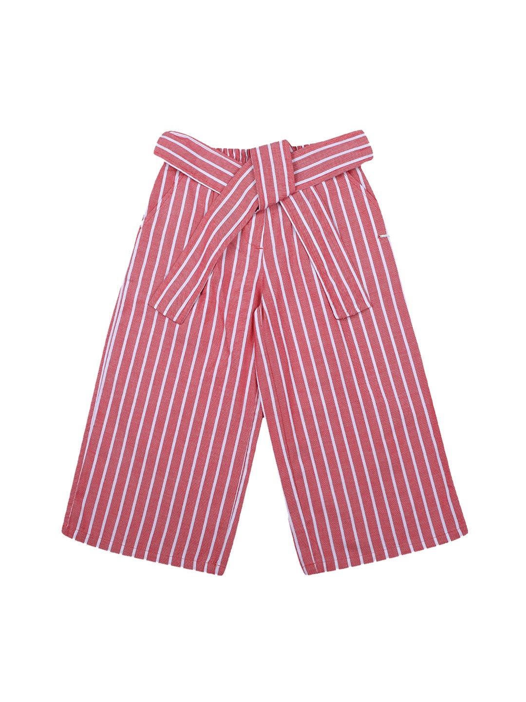 

Blue Giraffe Girls Red & White Regular Fit Striped Parallel Trousers With Tie-up Detail