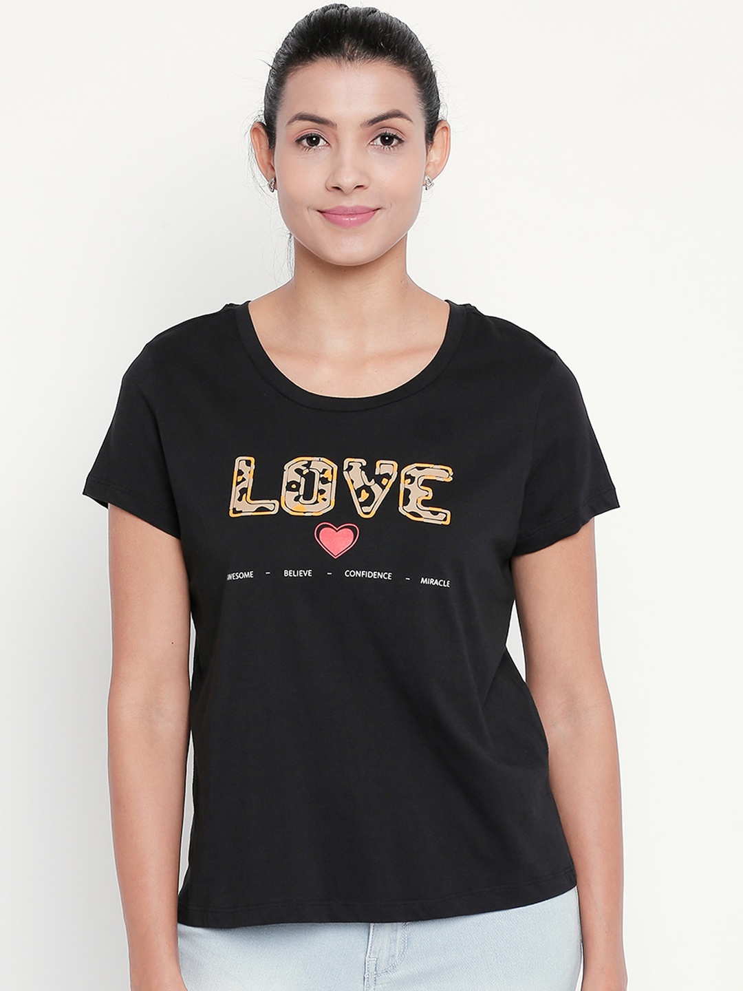 

Honey by Pantaloons Women Black Printed Round Neck Pure Cotton T-shirt