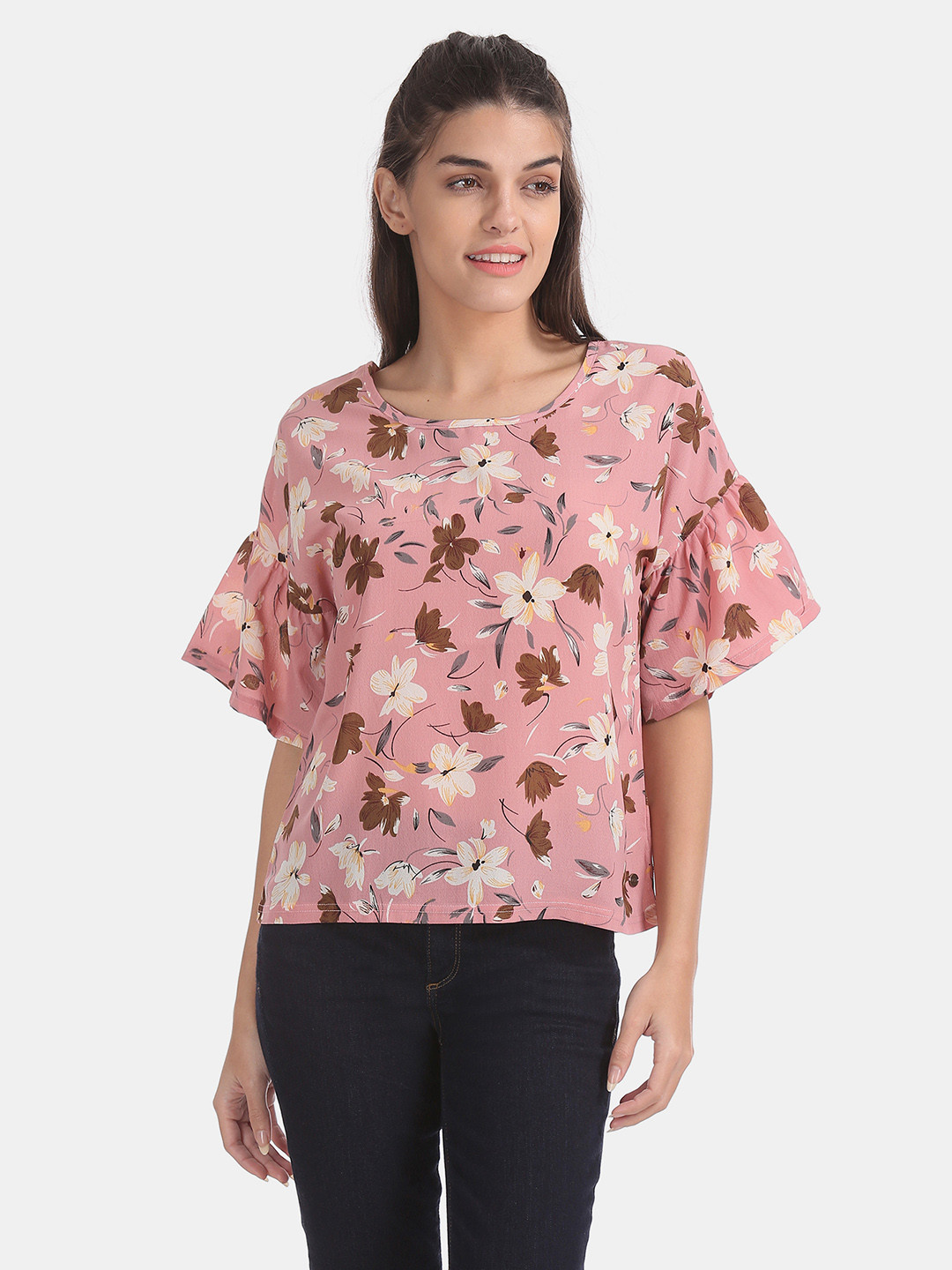 

U.S. Polo Assn. Women Pink & Off-White Floral Printed Bell-Sleeves Top