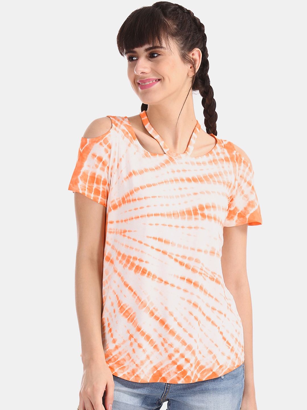 

Aeropostale Women Orange & Off White Dyed Top