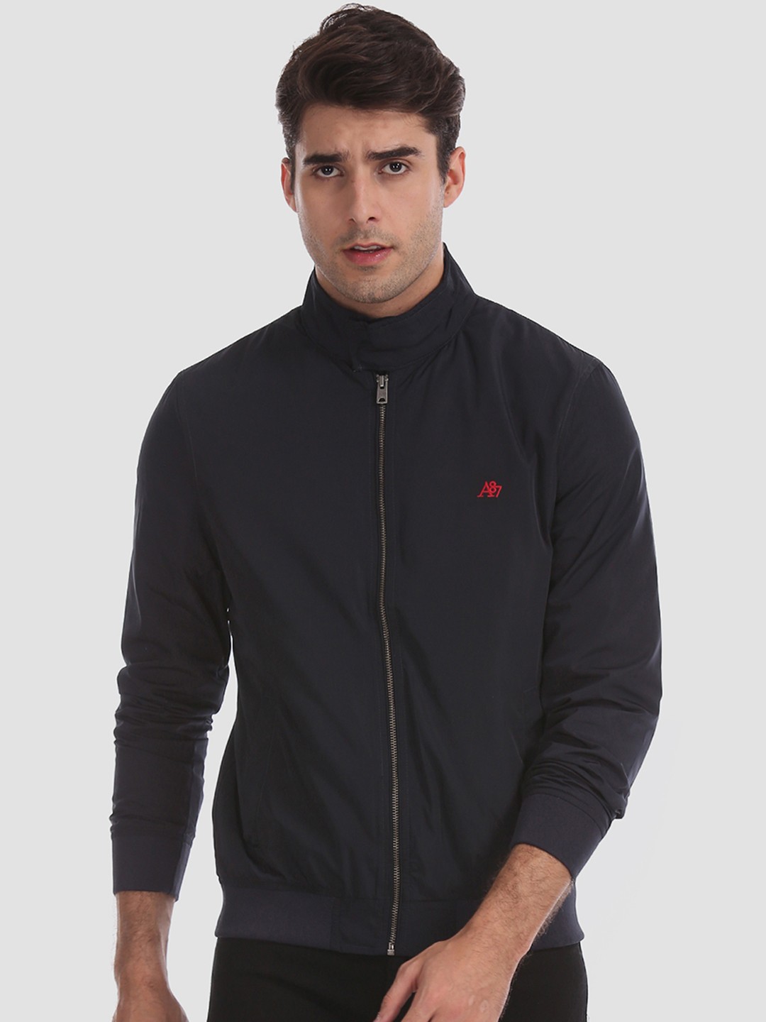 

Aeropostale Men Navy Blue Solid Bomber Jacket