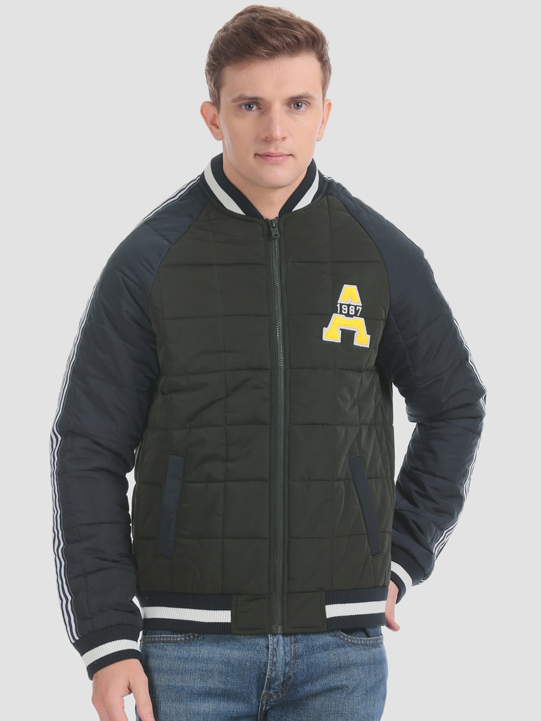 

Aeropostale Men Green & Navy Blue Colourblocked Bomber Jacket