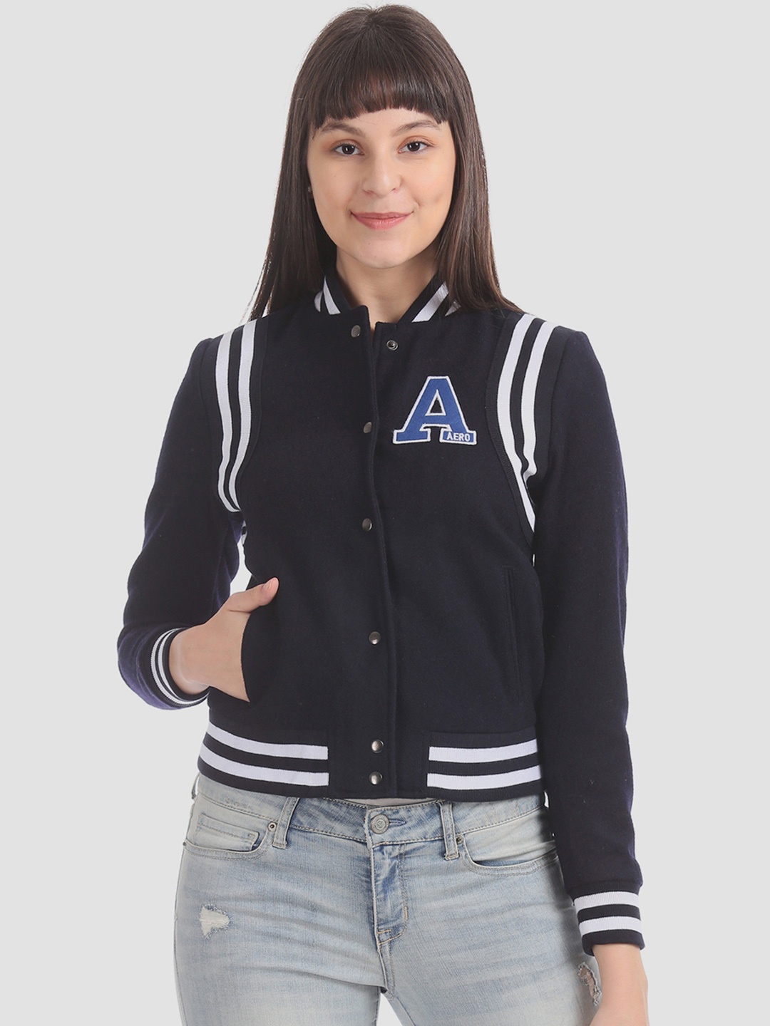 

Aeropostale Women Navy Blue Striped Padded Jacket