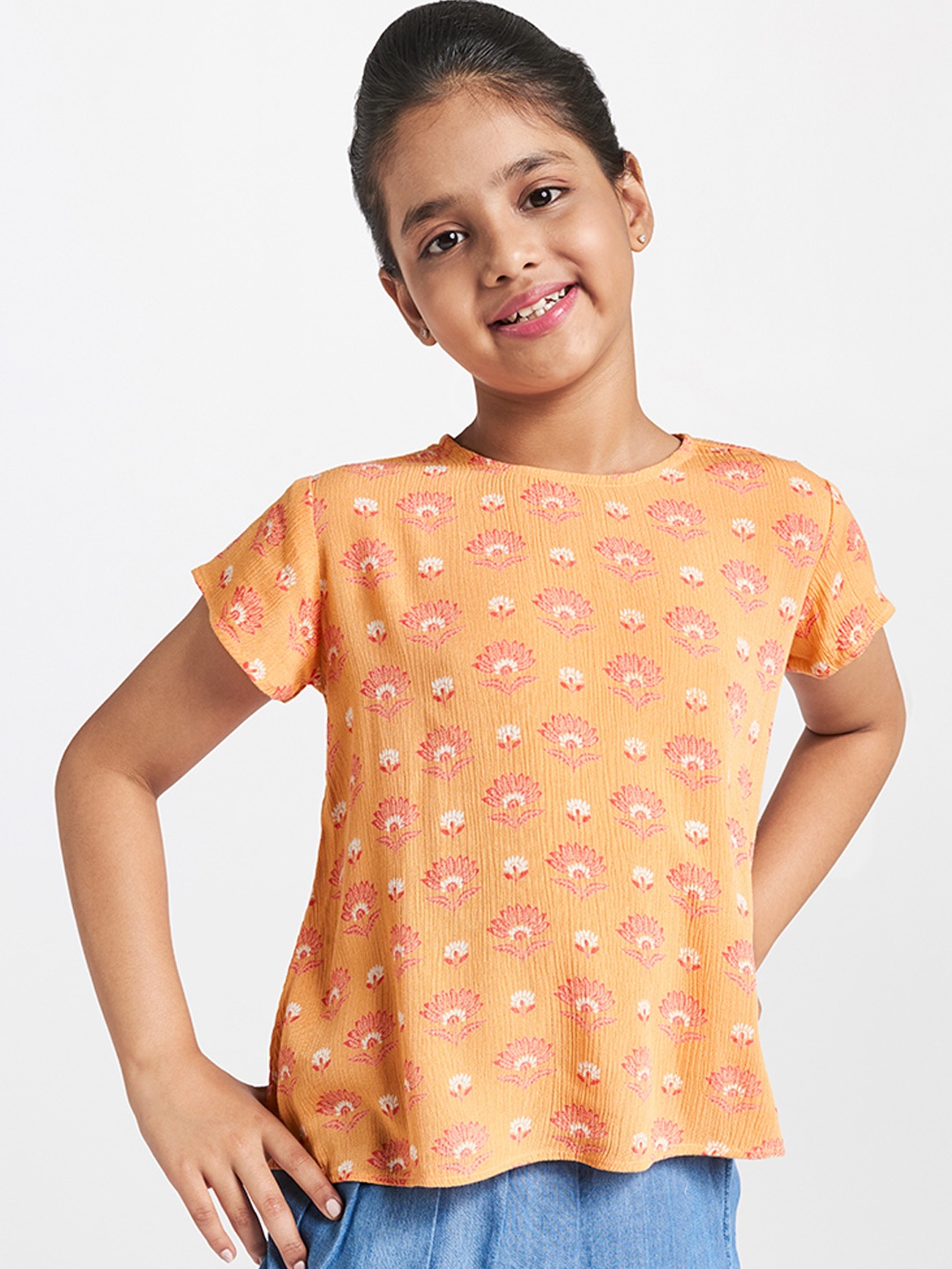 

Global Desi Girls Orange Printed Top