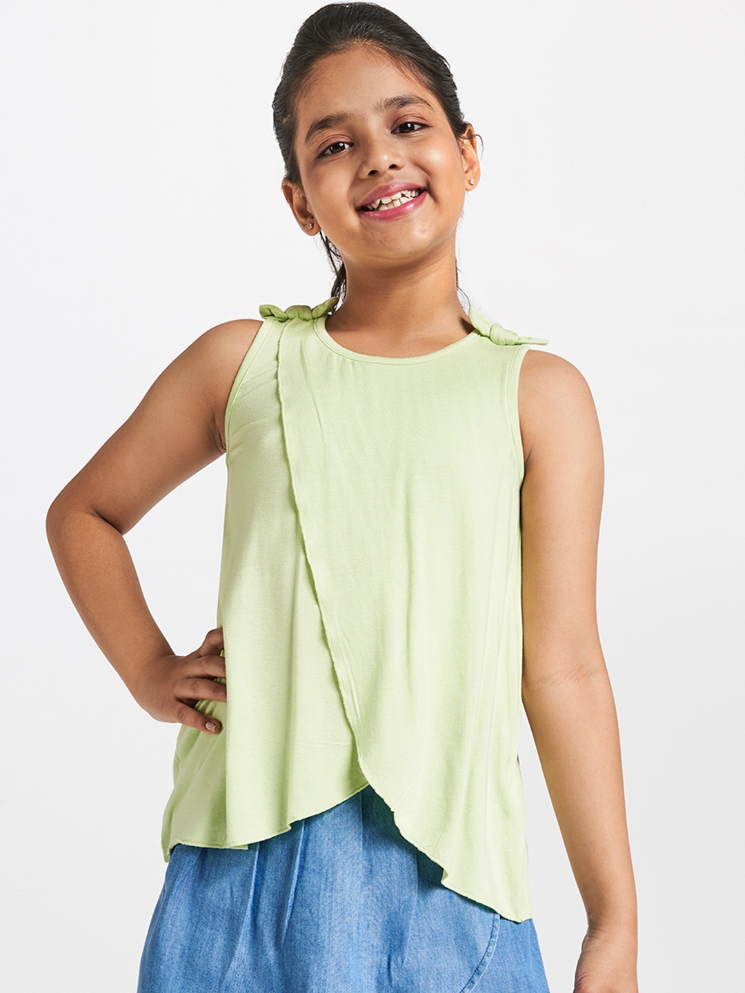 

Global Desi Girls Green Solid Top with Ruffle Detail