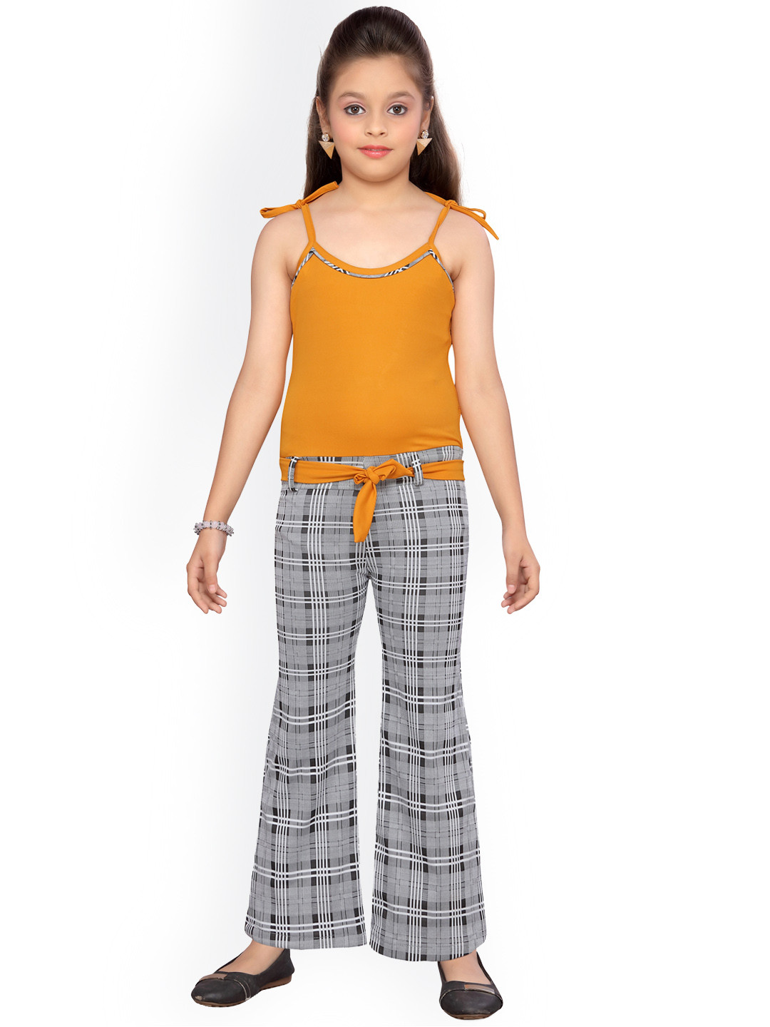 

Aarika Girls Mustard Yellow & Grey Checked Basic Jumpsuit