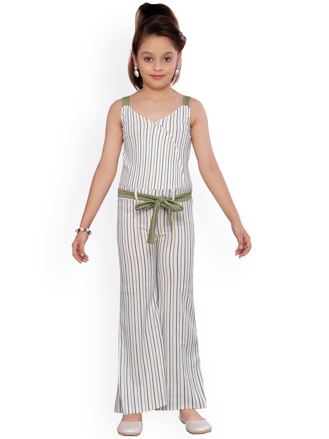 

Aarika Girls White & Green Striped Basic Jumpsuit
