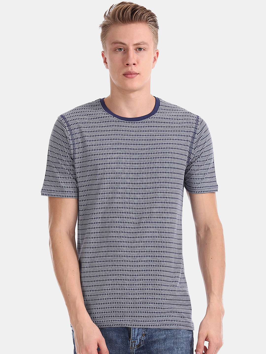 

Cherokee Men Navy Blue Striped Round Neck Pure Cotton T-shirt