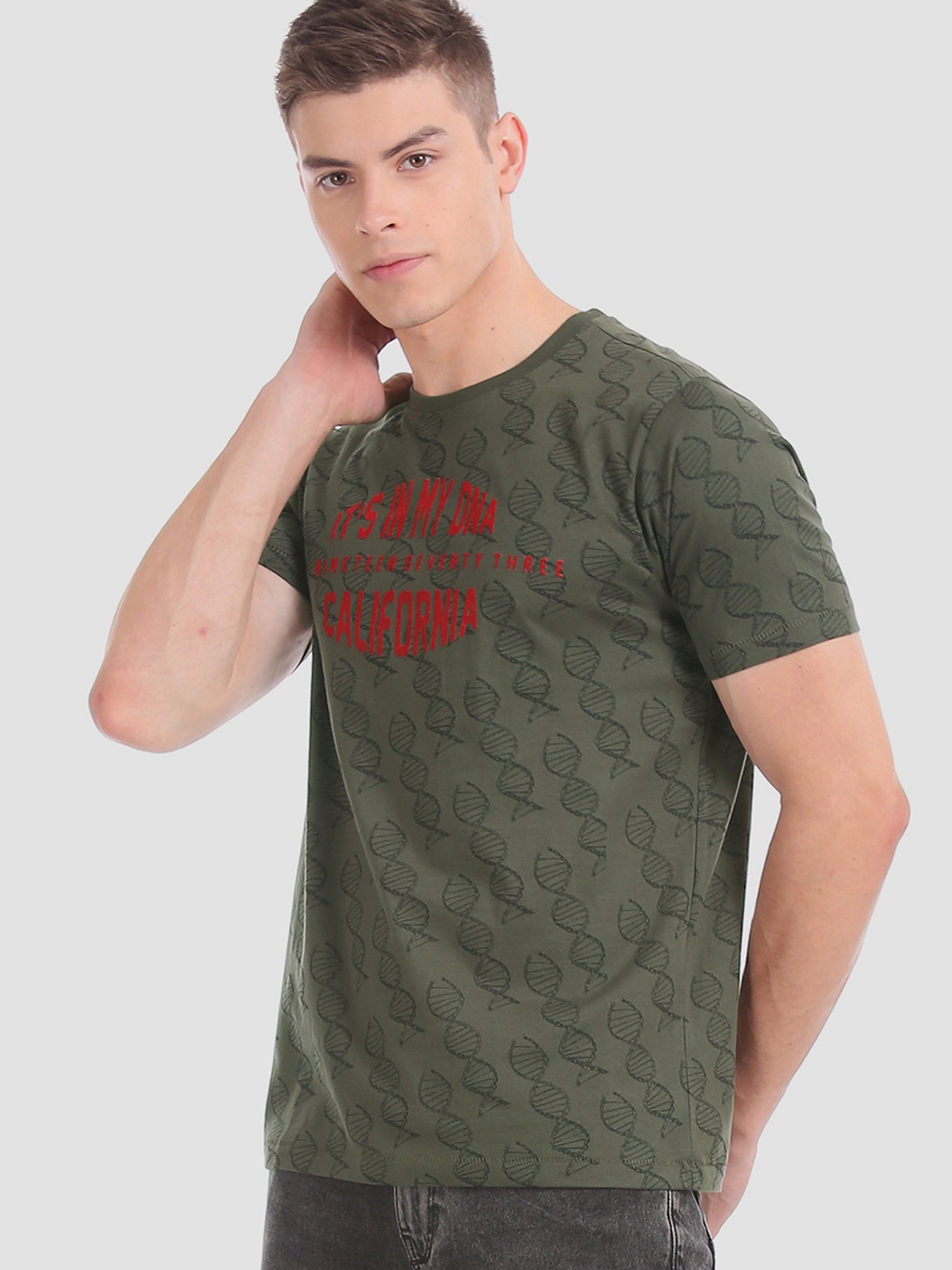 

Cherokee Men Olive Green Printed Round Neck Pure Cotton T-shirt