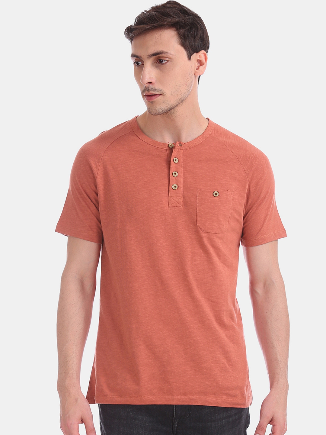 

Cherokee Men Rust Orange Solid Henley Neck Pure Cotton T-shirt