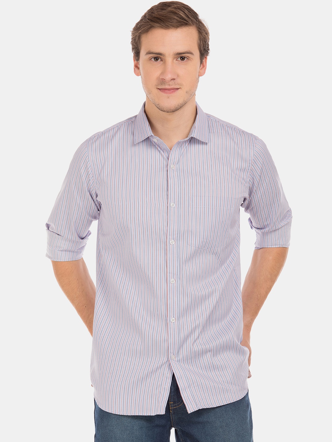 

Excalibur Men Grey & Blue Slim Fit Striped Casual Shirt
