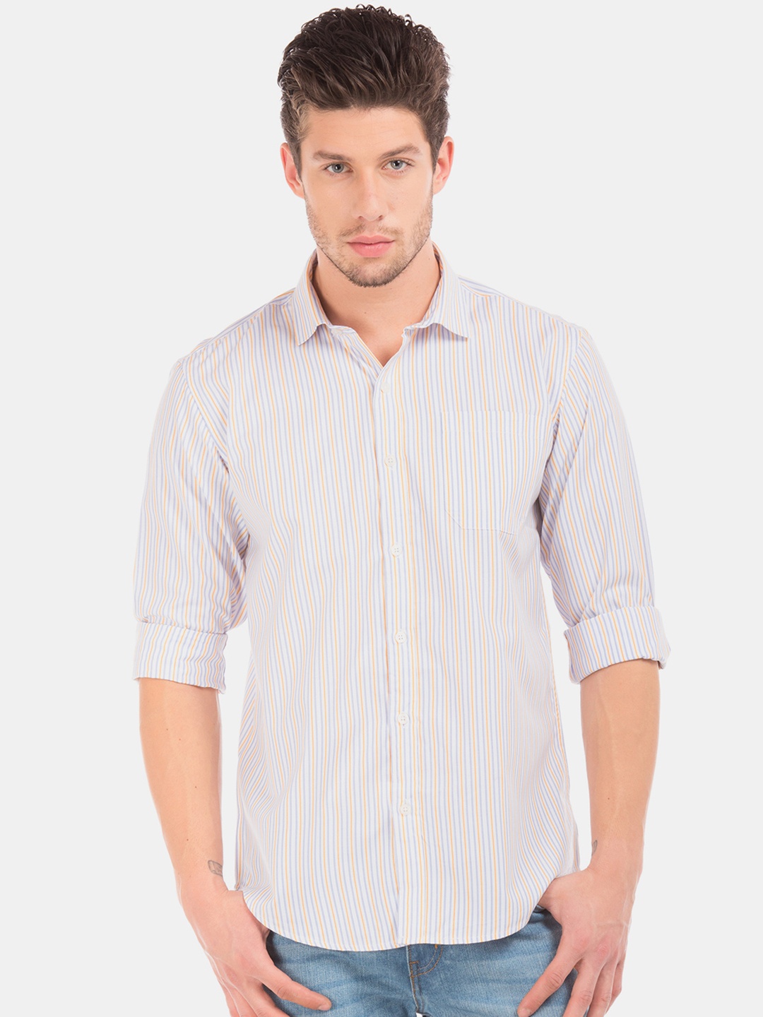 

Excalibur Men White & Yellow Regular Fit Striped Casual Shirt