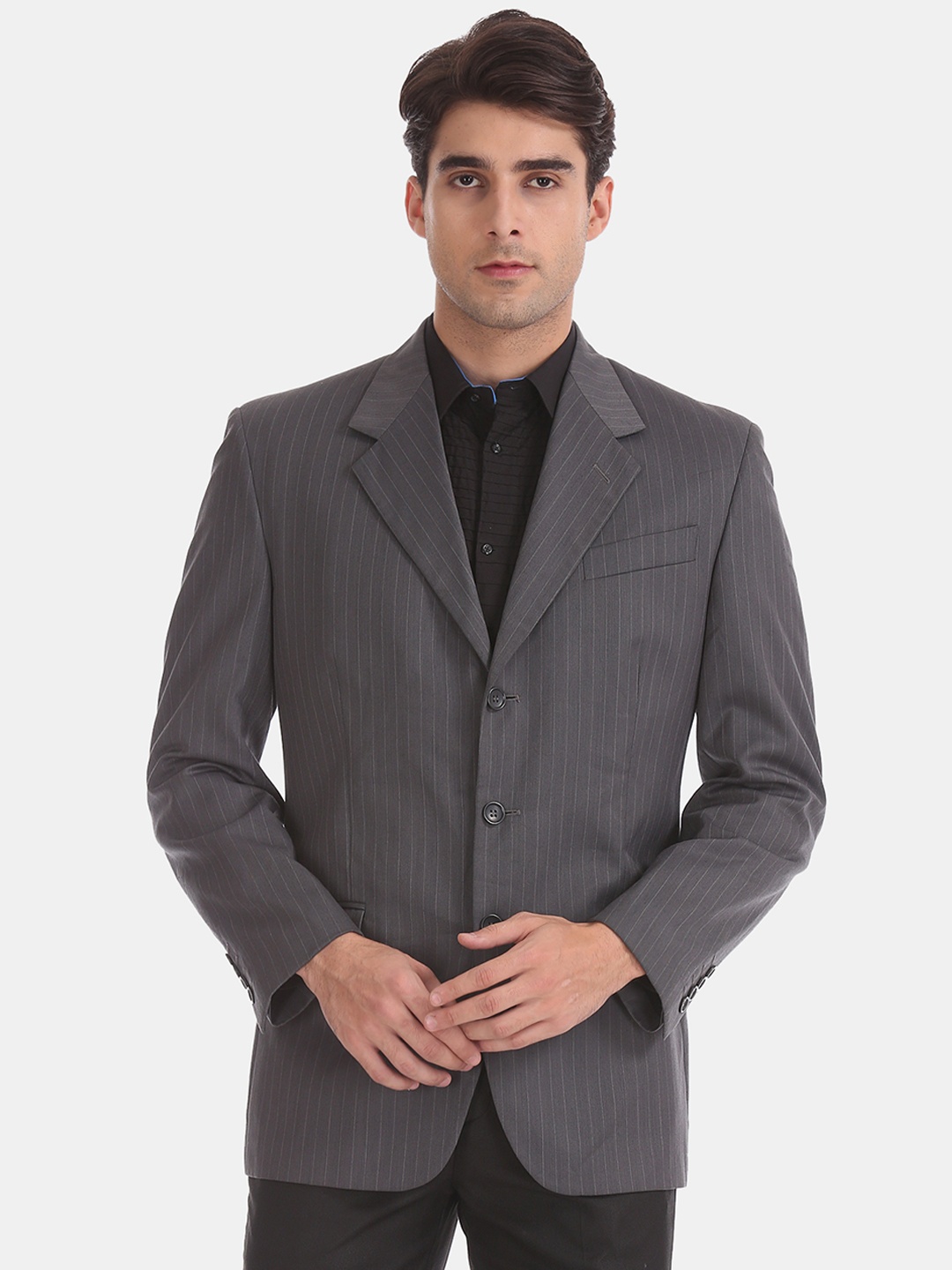 

Arrow Men Grey Striped Single-Breasted Blazer