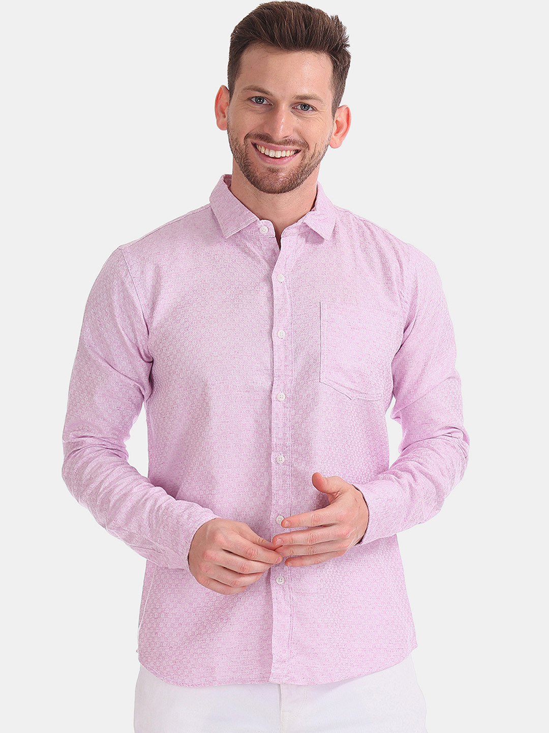 

Ruggers Men Pink & Off-White Regular Fit Self Design Casual Shirt