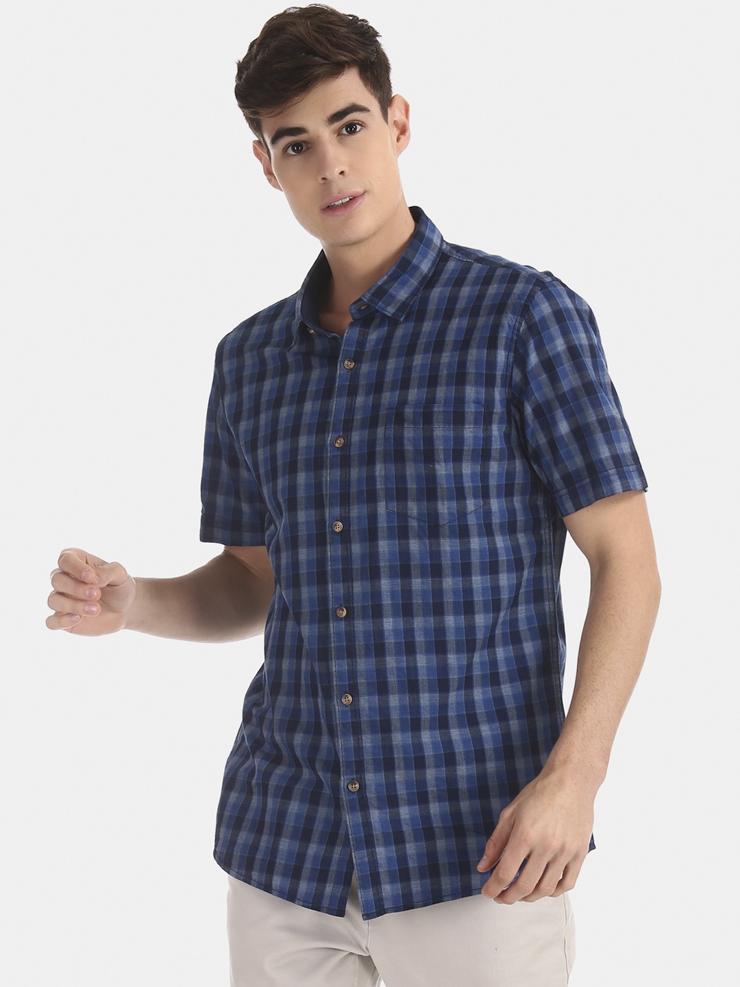 

Ruggers Men Navy Blue & Grey Regular Fit Checked Casual Shirt
