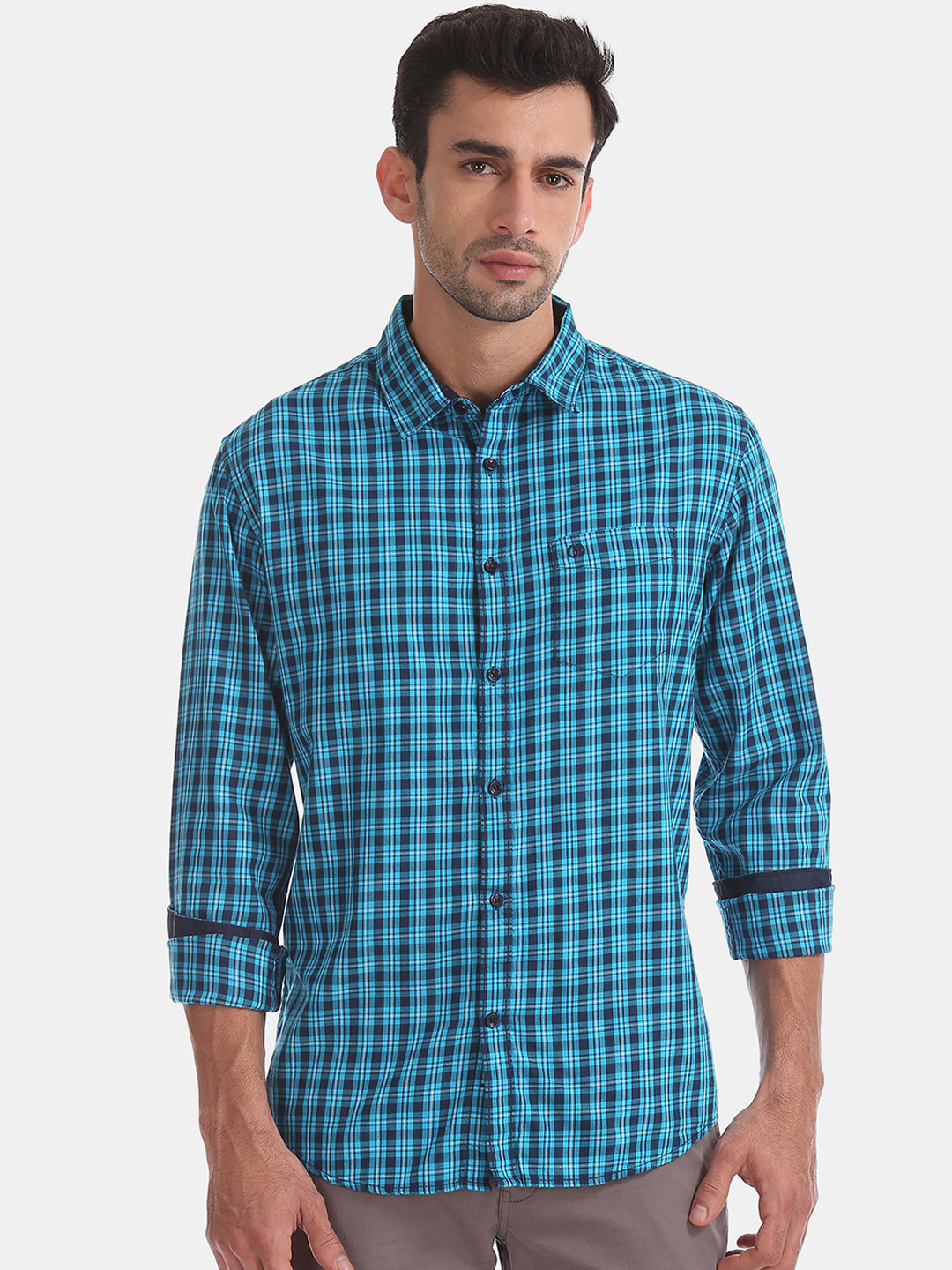 

Ruggers Men Blue Regular Fit Checked Contemporary Fit Casual Shirt