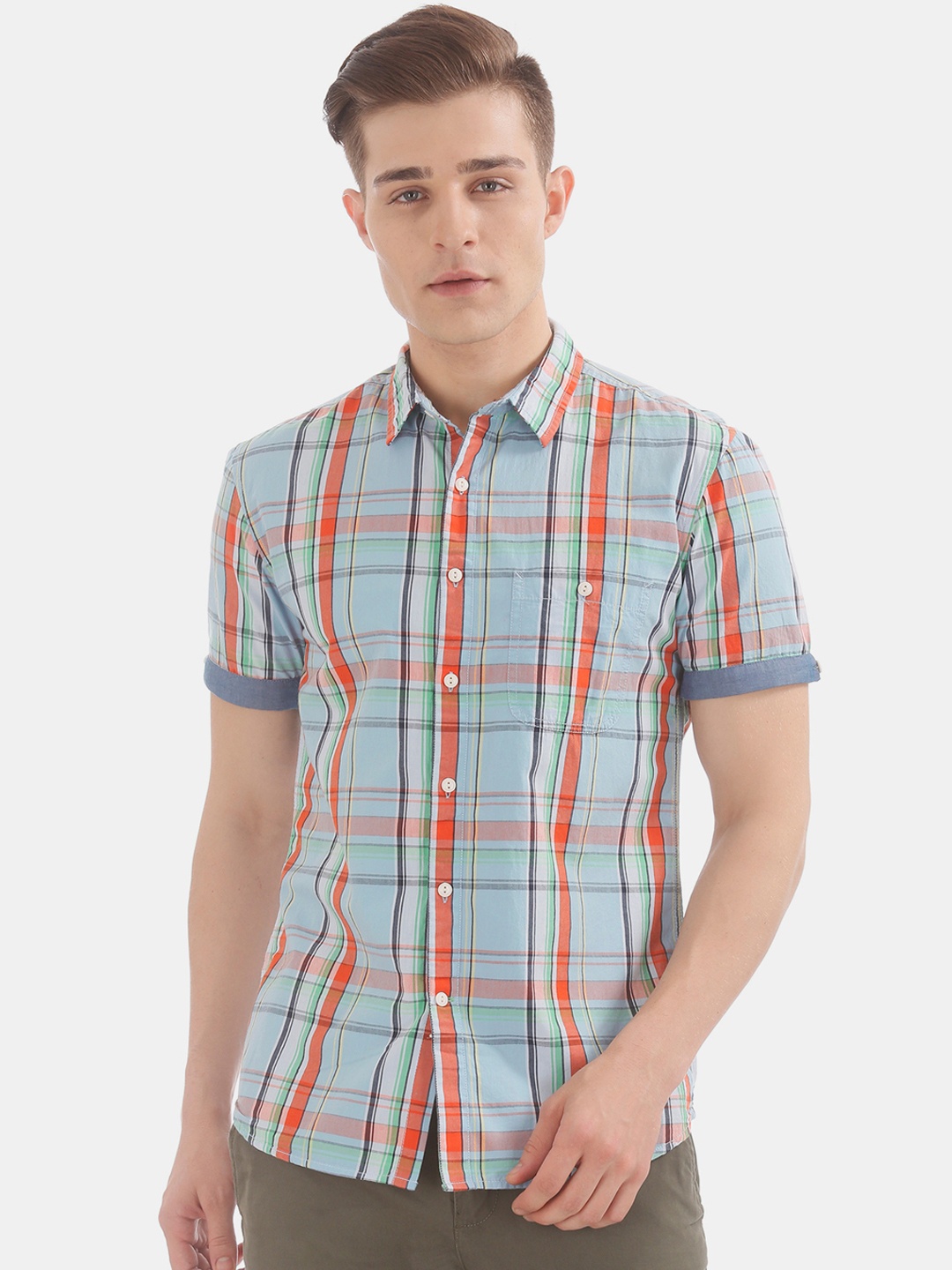 

Colt Men Blue & Orange Regular Fit Checked Casual Shirt