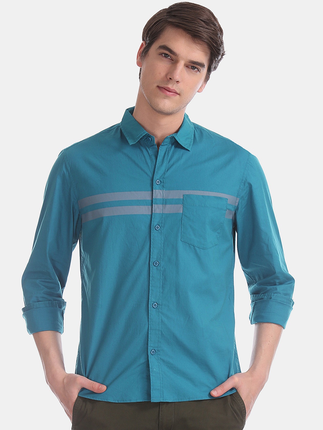 

Colt Men Blue & Grey Regular Fit Striped Casual Shirt