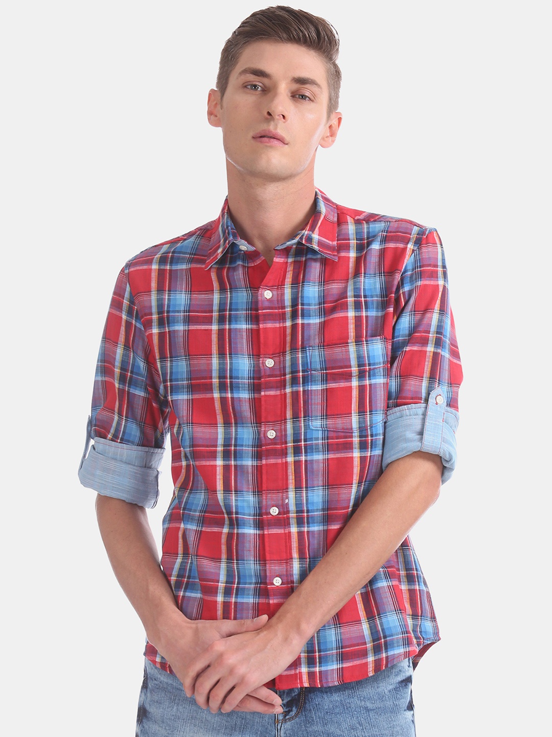 

Colt Men Red & Blue Regular Fit Checked Casual Shirt