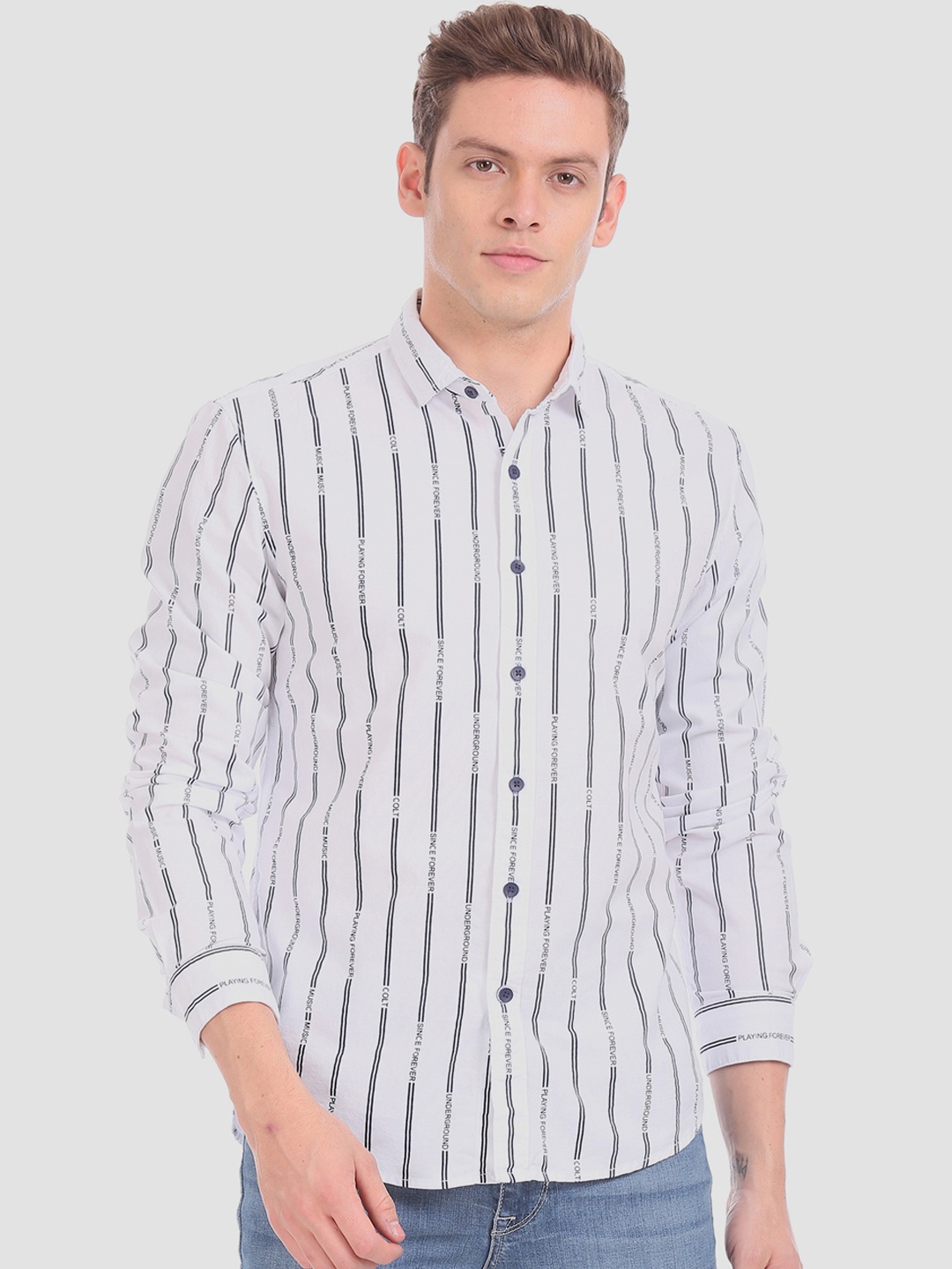 

Colt Men White & Black Slim Fit Striped Casual Shirt