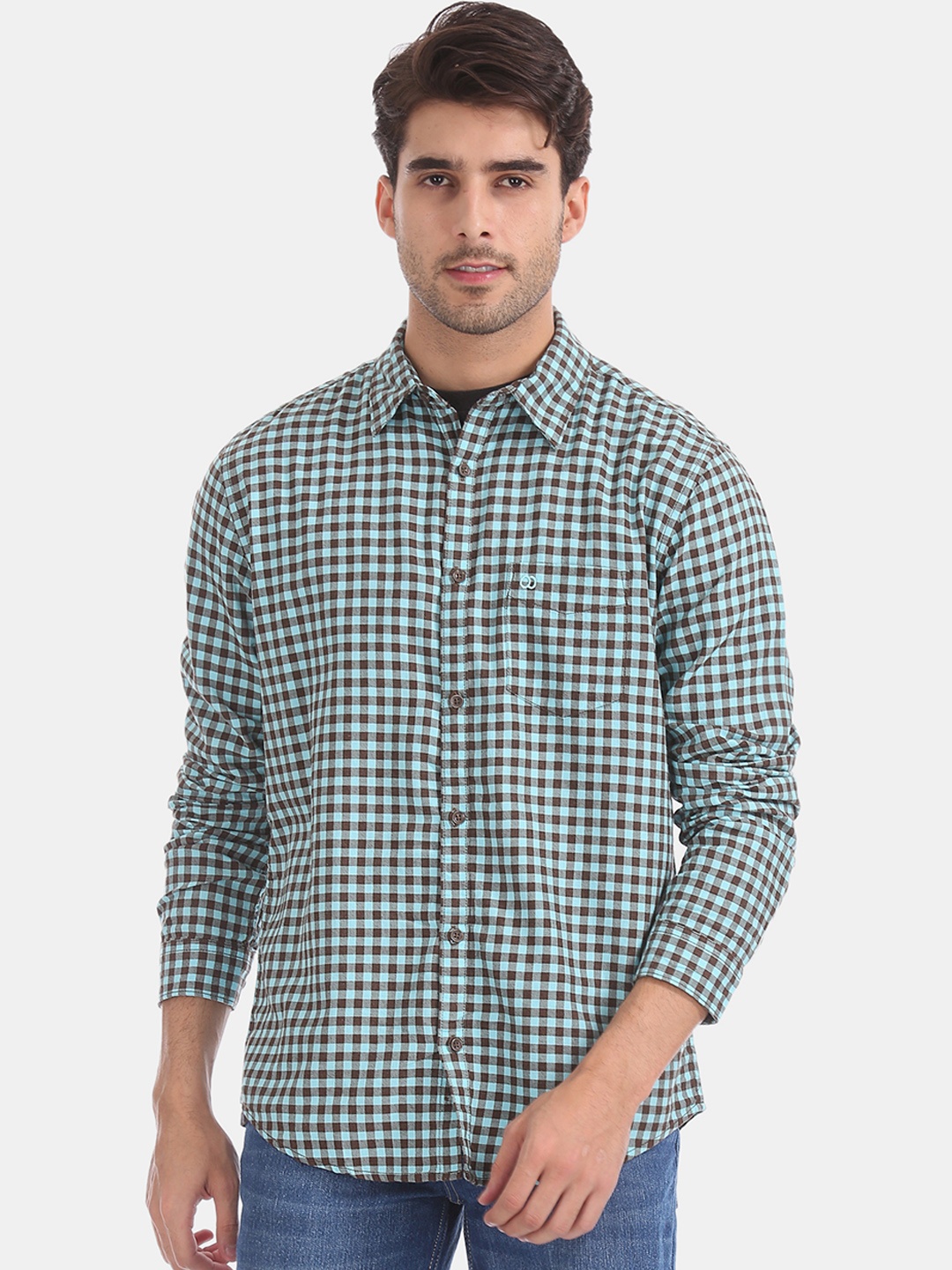 

Ruggers Men Sea Green & Brown Checked Casual Shirt