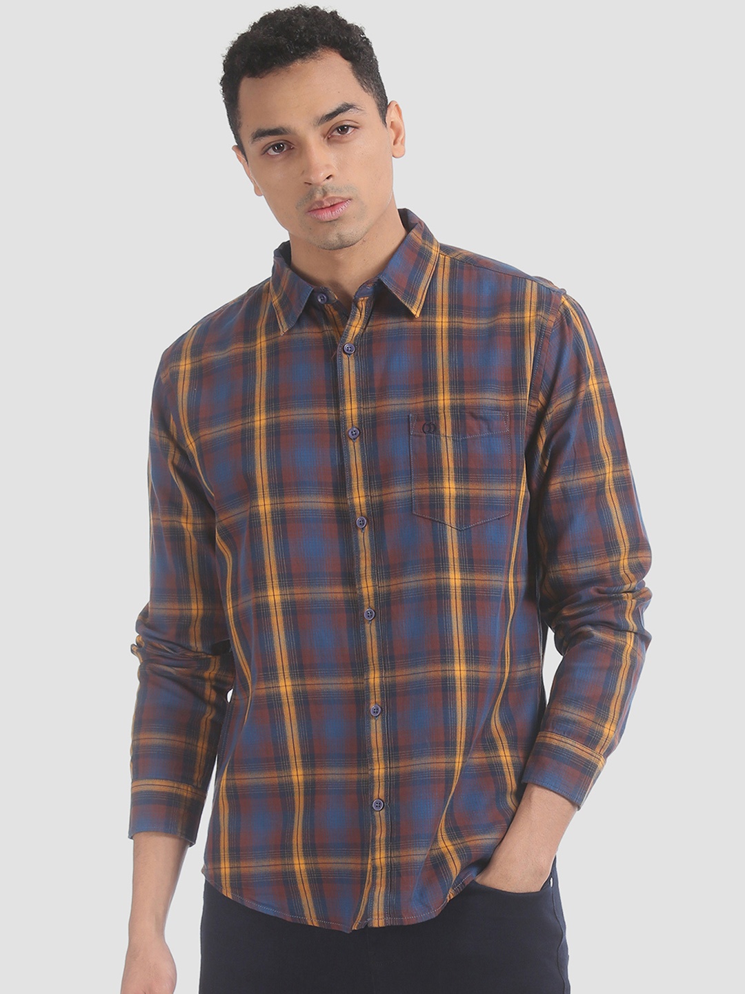 

Ruggers Men Navy Blue & Yellow Checked Casual Shirt