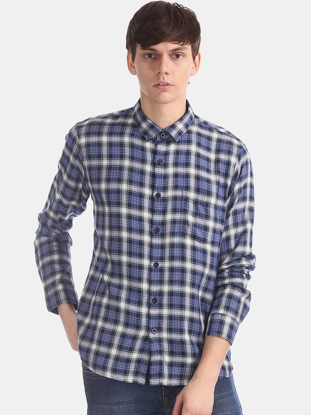 

Ruggers Men Blue & Grey Regular Fit Checked Casual Shirt